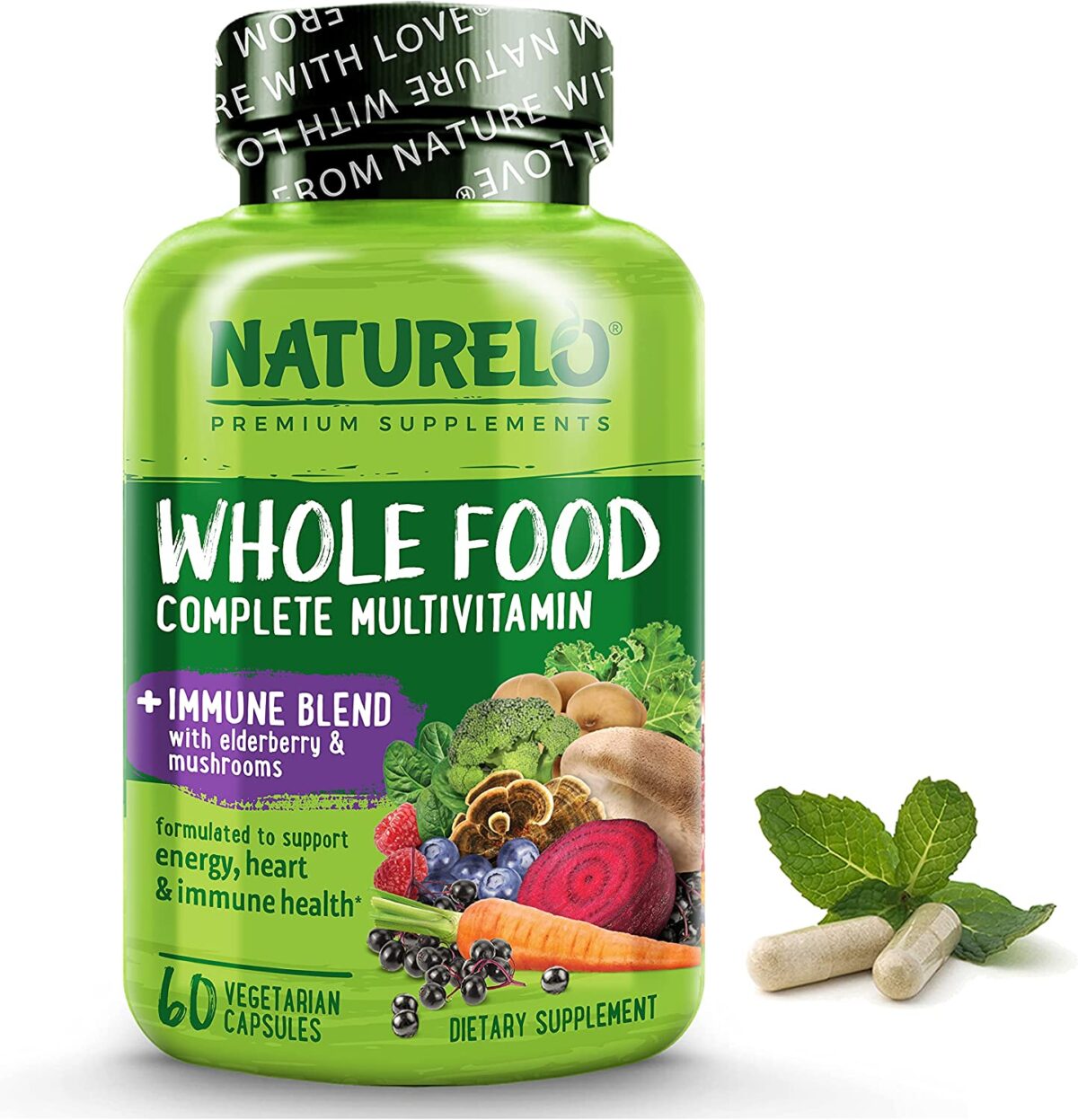 NATURELO Whole Food Multivitamin + Immune Blend with Elderberry & Mushrooms – Complete Multivitamin with Extra Immune Support – C, D3, Zinc, Elderberry, Reishi, Shitake – 60 Vegan Capsules