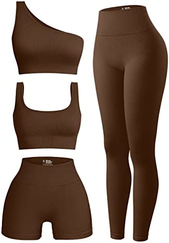 OQQ Women's 4 Piece Outfits Ribbed Exercise Scoop Neck Sports Bra One Shoulder Tops High Waist Shorts Leggings Active Set