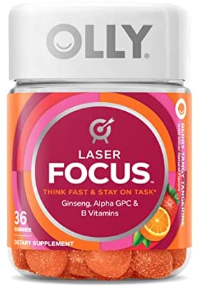 Olly Laser Focus Gummy 18 Day Supply Gummies Ginseng Alpha GPC B Vitamins Chewable Supplement, Berry Tangy Tangerine, 36 Count