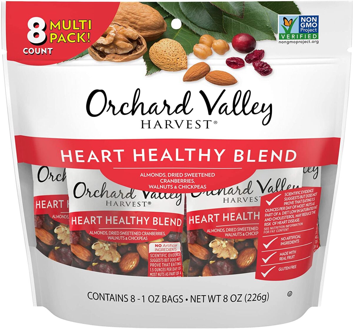 Orchard Valley Harvest Heart Healthy Blend, Almonds, Cranberries, Walnuts, and Chickpeas, Gluten Free, Non-GMO, No Artificial Ingredients, 1 Ounce (Pack of 8)