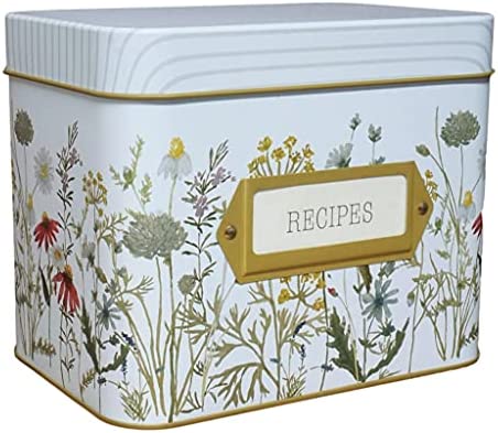 SENSORY4U Elysian Hills Tin Recipe Box Wild Flowers Print - Includes 100 4X6 Cards, 12 Dividers - Beautiful Decorative Tin Box Gift Set