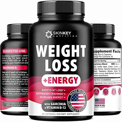 SKINKEY Nutrition Weight Loss Pills for Women - Fat Burner Diet That Work Fast & Men Made in USA Appetite Supressant with Garcinia Cambogia Green Tea 60 caps, Black, 60.0 Count