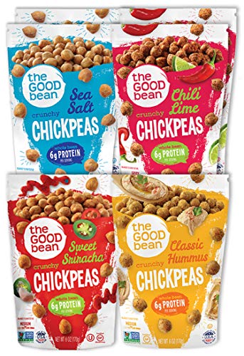 The Good Bean Crunchy Chickpeas - Four-Flavor Variety Pack - (6 Pack) 6 Oz Resealable Bag - Roasted Chickpea Beans - Vegan Snack With Good Source Of Plant Protein And Fiber