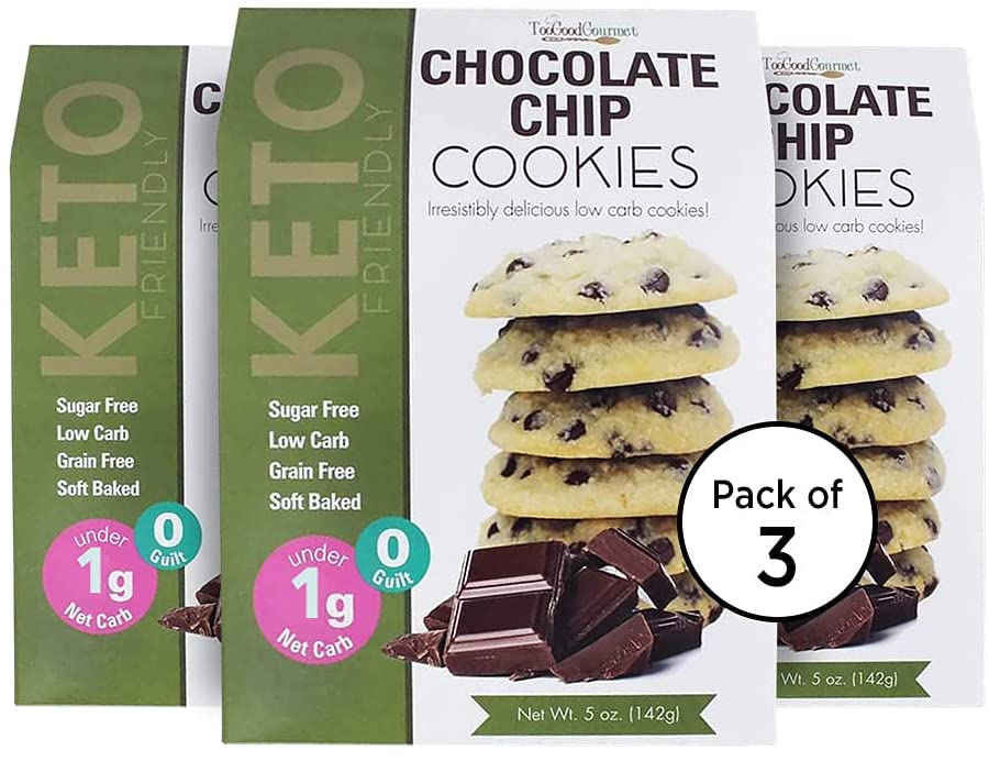 Too Good Gourmet Keto Cookies, Soft-Baked Healthy Snacks, Sugar and Grain-Free Low Carb Keto Snacks, Healthy Sweets with Less Than 2g Net Carbs (Pack of 3, 5oz Boxes, Chocolate Chip)