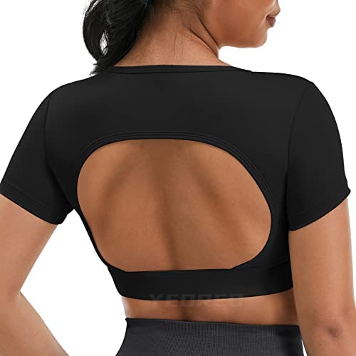 YEOREO Vanessa Women Open Back Tee Crop Tops with Removable Pad Workout Backless Gym Shirt Bra Going Out T Shirt Top