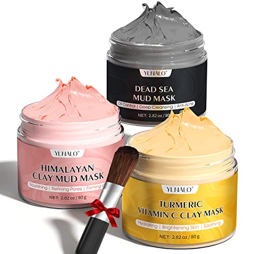 YLNALO Turmeric Vitamin C Clay Mask, Dead Sea Mud Mask, and Himalayan Clay Mask, Facial Skin Care Mask Set for Deep Pore Cleansing, Reduce Blackheads Acne, Dark Spots, Oil Control, and Radiant Skin