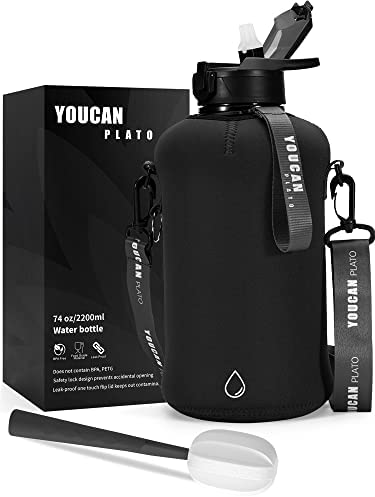 YOUCAN PLATO 64 oz Half Gallon Water Bottle with Sleeve-Large Water Bottle -Big Gym Water Bottle with Straw- Gallon Water Jug with Handle and Bottle Brush-BPA Free- Leakproof, workout bottle,Black