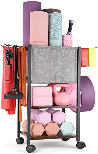 Yoga Mat Storage Rack Home Gym Equipment Workout Equipment Storage Organizer Yoga Mat Holder for Yoga Block,Foam Roller,Resistance Band,Dumbbell,Kettlebell and More Gym Accessories Gym Essentials Women Men Fitness Exercise Equipment Organization with Hooks Wheels