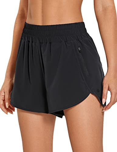 CRZ YOGA Women's High Waisted Running Shorts Mesh Liner - 3'' Dolphin Quick Dry Athletic Gym Track Workout Shorts Zip Pocket