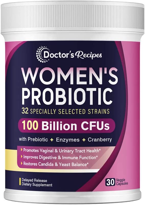 Doctor's Recipes Probiotics for Women, 100 Billion CFU 32 Strains, with Prebiotic Fiber, Enzymes & Cranberry, Vaginal Urinary Digestive & Immune, Shelf Stable, Delayed Release, No Yeast, 30 Caps