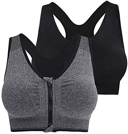 Fapreit Women's Zip Front Closure Sports Bra - Seamless Wirefree Post Surgery Zipper Padded Racerback Workout Gym Yoga Bras