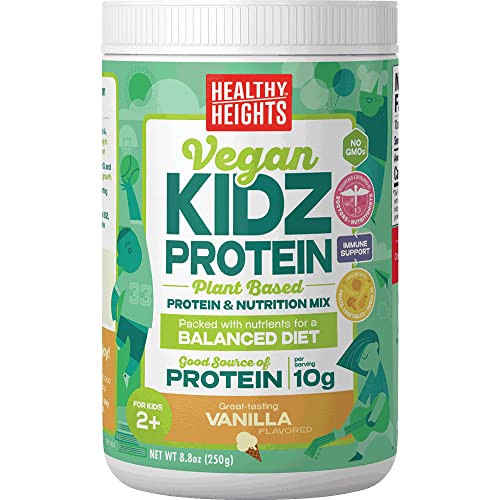 KidzProtein VEGAN Powder Shake Mix Canister (Vanilla) by Healthy Heights - Good Protein Nutritional Shake - Contains Key Vitamins & Minerals,Gluten Free, with No Artificial Flavors, Soy Free, Peanut Free, No GMOs