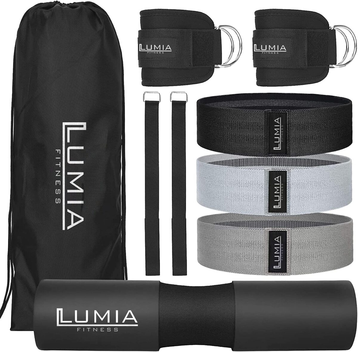 Lumia Fitness 7 Piece Glute Workout Kit, Barbell Squat Pad, 3 Fabric Resistance Bands, 2 Ankle Straps, Carry Bag - Gym Accessories for Men and Women