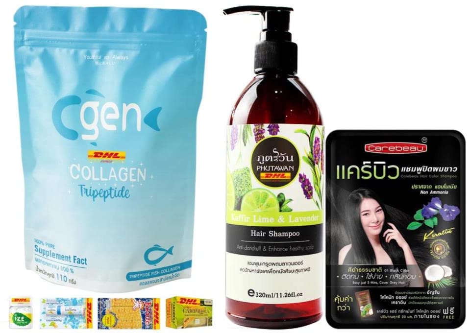 New Cgen Collagen 110000mg Powder Tri-peptide 100% Pure Collagen Shiny Phutawan Bergamot and Lavender Shampoo 320ml Healthy Scalp Health Express Shipping by DHL BY BEAUTY GOOD SHOPS [GET FREE FOR