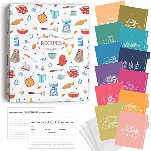 Recipe Holder Kitchen Binder 3 Ring Set, Notebook with 50 Cards 4x6, Organizer Full Page Dividers and Plastic Covers, Book for Own Recipes Binder, Kit