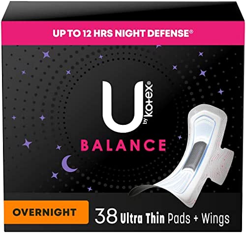 U by Kotex Balance Ultra Thin Overnight Pads with Wings, 38 Count (Packaging May Vary)