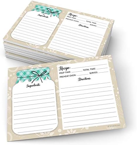 321Done Recipe Cards 5x7 (Set of 50) Mason Jar Teal and Tan – Jumbo Cute Rustic Double-Sided for Weddings, Bridal or Baby Shower, Recipe Gift Exchange - Made in USA – Rustic Boho Vintage X-Large