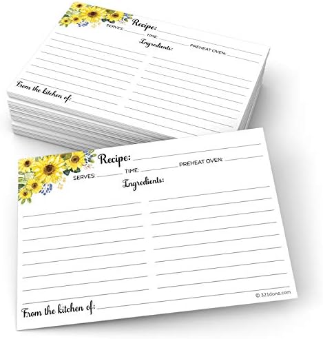321Done Sunflower Recipe Cards (Set of 50) 4" x 6" Large - From the Kitchen Of - Double-Sided for Weddings, Bridal, Baby Shower - Made in USA