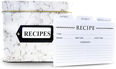 37 PCS White Marble Tin Box with Printed Recipe Cards and 12 pcs printed dividers, Recipe Box, Recipe Tin Box, Recipe Card Box with Cards and Dividers, Recipe Card Box, Recipe Card Organizer