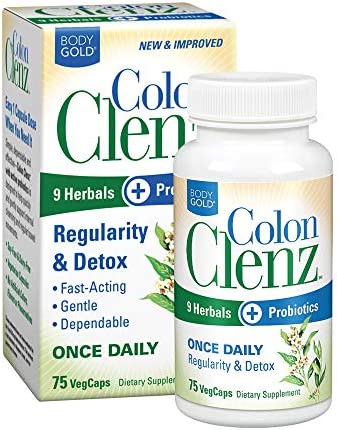 Body Gold Colon Clenz Regularity & Detox Formula | Once Daily Support with 9 Herbs + Active Probiotics | 75 CT