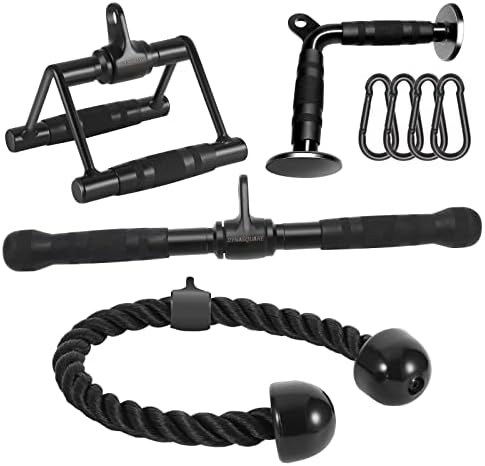 DYNASQUARE Pro Cable Attachments for Home Gym, LAT Pulldown Equipment, Weight Machine Accessories, Straight Pull Down Bar, V-Shaped Press Down Bar, Tricep Rope, Exercise & Double D Handle