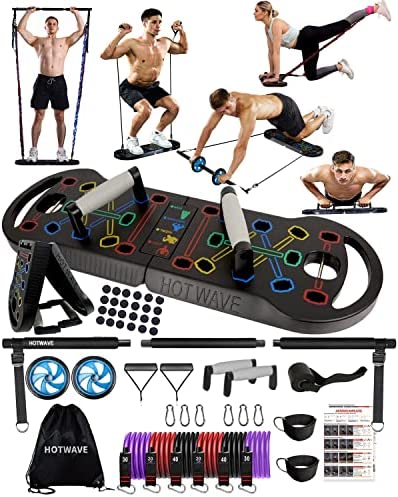 HOTWAVE Portable Exercise Equipment with 18 Gym Accessories.20 in 1 Push Up Board Fitness,180lbs Resistance Bands with Ab Roller Wheel,Full Body Workout at Home,Patent Pending