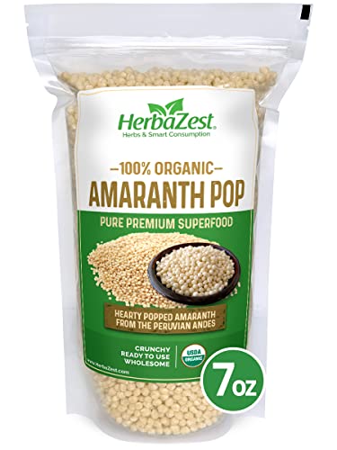 HerbaZest Amaranth Pop Organic - Wholesome & Ready to Use - Vegan, Gluten Free & USDA Certified - 7oz (200g) - Healthy Addition to Yogurt & Cereal, Granola & Muesli, Salads, Baked and Non-Baked Goods