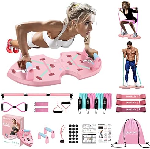 LALAHIGH Push Up Board, Portable Home Workout Equipment for Women & Men, 30 in 1 Home Gym System with Pilates Bar, Resistance Band, Booty Bands, Pushup Stands for Body Shaping - Pink Series