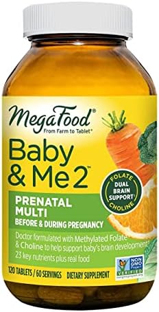 MegaFood Baby & Me 2 Prenatal Multivitamin with Folate (Folic Acid Natural Form), Choline, Iron, Iodine, and Vitamins C, D and more - 120 Tabs (60 Servings)