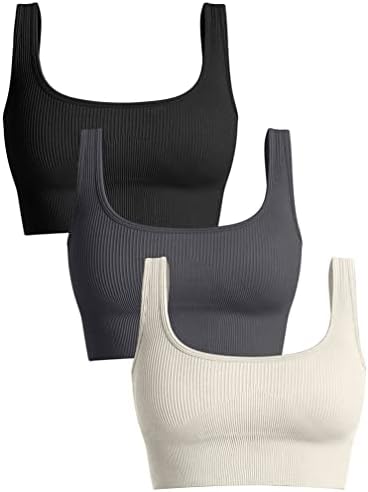 OQQ Women's 3 Piece Medium Support Tank Top Ribbed Seamless Removable Cups Workout Exercise Sport Bra