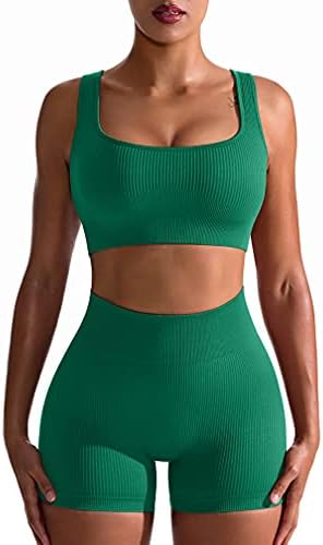 OQQ Workout Outfits for Women 2 Piece Seamless Ribbed High Waist Leggings with Sports Bra Exercise Set