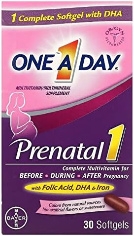 One A Day Women's Prenatal 1 Multivitamin including Vitamin A, Vitamin C, Vitamin D, B6, B12, Iron, Omega-3 DHA & more, 30 Count - Supplement for Before, During, & Post Pregnancy