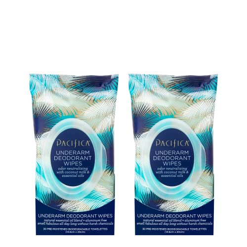 Pacifica Beauty, Coconut Milk & Essential Oils Underarm Deodorant Wipes, 30 Count (Pack of 2), Remove Odor On-The-Go, Aluminum Free, Travel Friendly, Fresh Coconut Scent, 100% Vegan and Cruelty Free