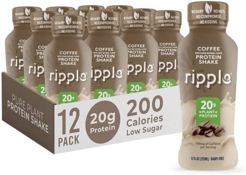 Ripple Vegan Protein Shake | Coffee Flavor | 100mg of Caffeine | 20g Nutritious Plant Based Pea Protein | Shelf Stable | Free of GMOs, Soy, Nut, Gluten, Lactose | 12 oz, Pack of 12