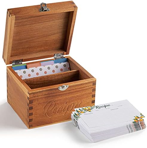 Tidita Acacia Wood Recipe Box with Cards - Blank Recipe Box Wooden Set Come with 100 4x6 Recipe Cards, 8 Dividers. Perfect Recipe Organizer (Acacia Wood)