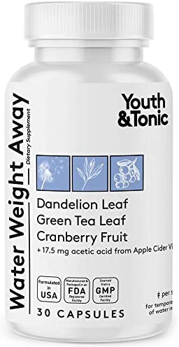 Youth & Tonic Natural Water Weight Away Pills for Swelling Water Retention & Belly Bloating - Herbal Diuretic Supplement for Women & Men - 30 Capsules w/Potassium Caffeine Free