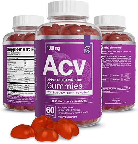 Essential Elements Apple Cider Vinegar Gummies from The Mother - Naturally-Sourced, Vegan ACV with Folic Acid and Vitamin B6 & B12 60 Count