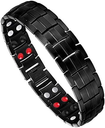 Feraco Mens Magnetic Bracelet Titanium Steel Magnetic Bracelet with Double Row 4 Elements Magnets (Black)