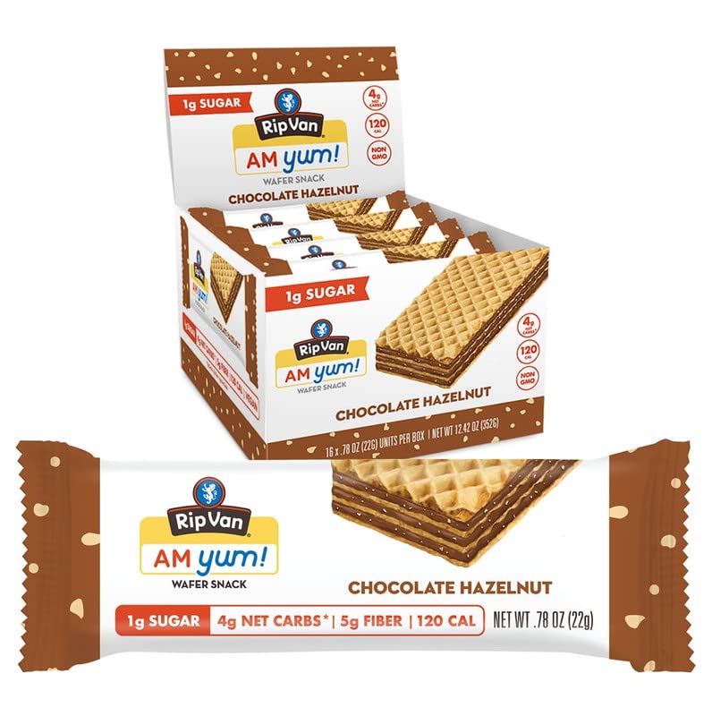 Rip Van AM YUM Chocolate Hazelnut - Keto Snacks - Non-GMO - Healthy -Low Calorie, Low Carb & Low Sugar (1g) - 16 Count