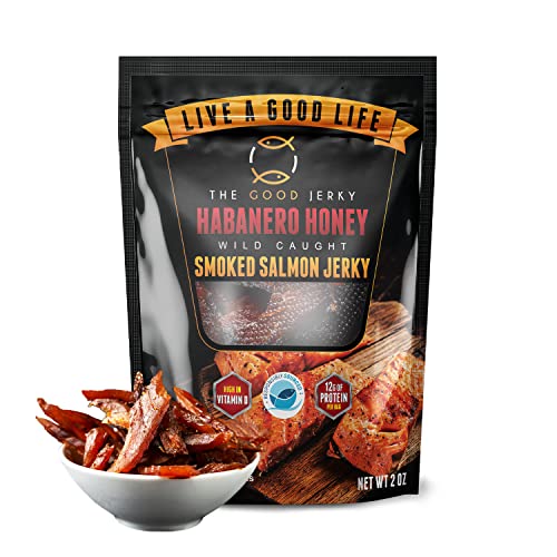 The Good Jerky Premium Smoked Salmon Habenero Honey - Tasty Flavors - Protein & Omega-3 Rich Fish - 100% Sustainable Source, Healthy Smoked Seafood Snacks, No Gluten or MSG, Non-GMO - 1 Pack
